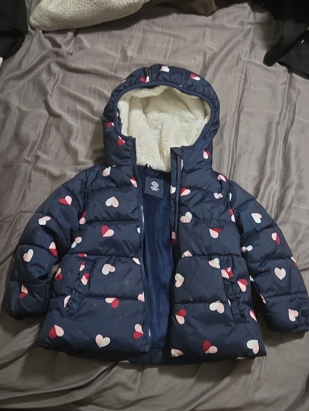 wonder nation Navy Puffer Jacket with Pink & White Heart Print
